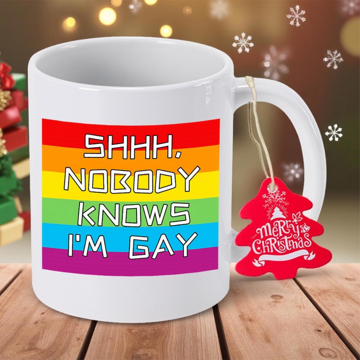 Tailorly White Ceramic 11 oz Mug - Shhh Nobody Knows Im Gay Vibrant Rainbow Stripes Featuring Bold Blocky Artistic Text Design Mug