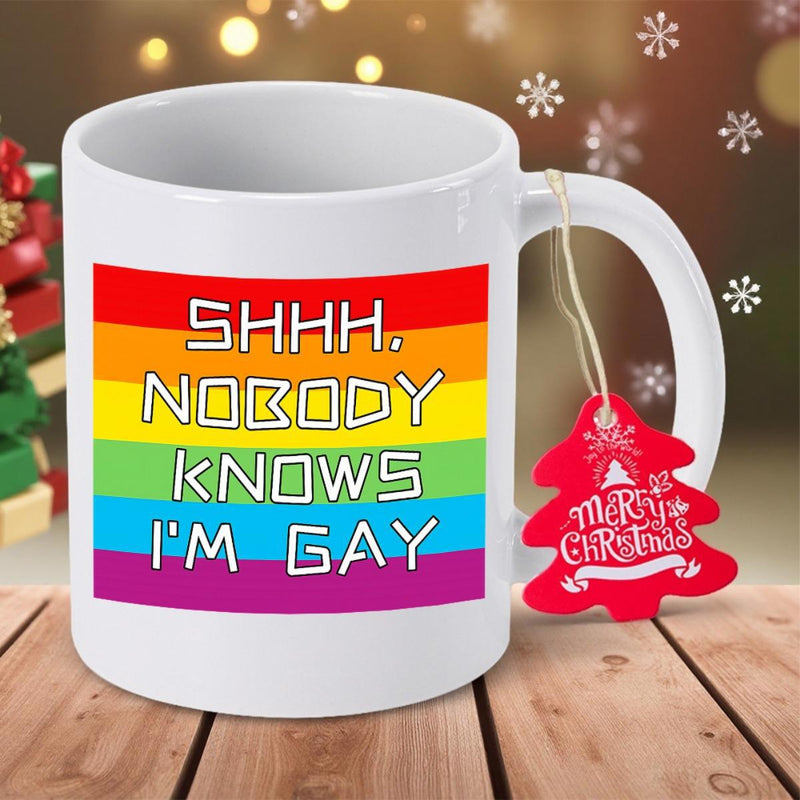 Tailorly White Ceramic 11 oz Mug - Shhh Nobody Knows Im Gay Vibrant Rainbow Stripes Featuring Bold Blocky Artistic Text Design Mug