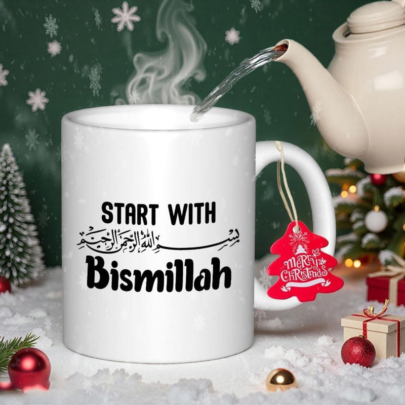 Tailorly White Ceramic 11 oz Mug - Start With Bismillah Minimalist Black Artistic Arabic Calligraphy Mixed With Clean Modern Bold Typography Art