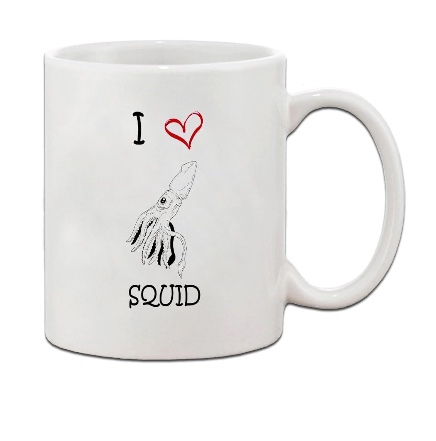 Tailorly White Ceramic 11 oz Mug - I Squid Minimalist Line Art Graceful Marine Animal Swimming With A Tiny Red Heart Squid