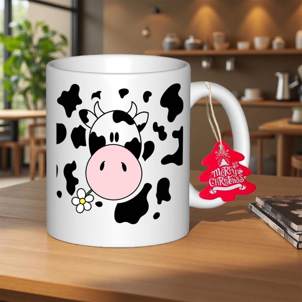 Tailorly White Ceramic 11 oz Mug - Merry Christmas Adorable Cartoon Face With Pink Snout Holding Delicate Daisy Cow