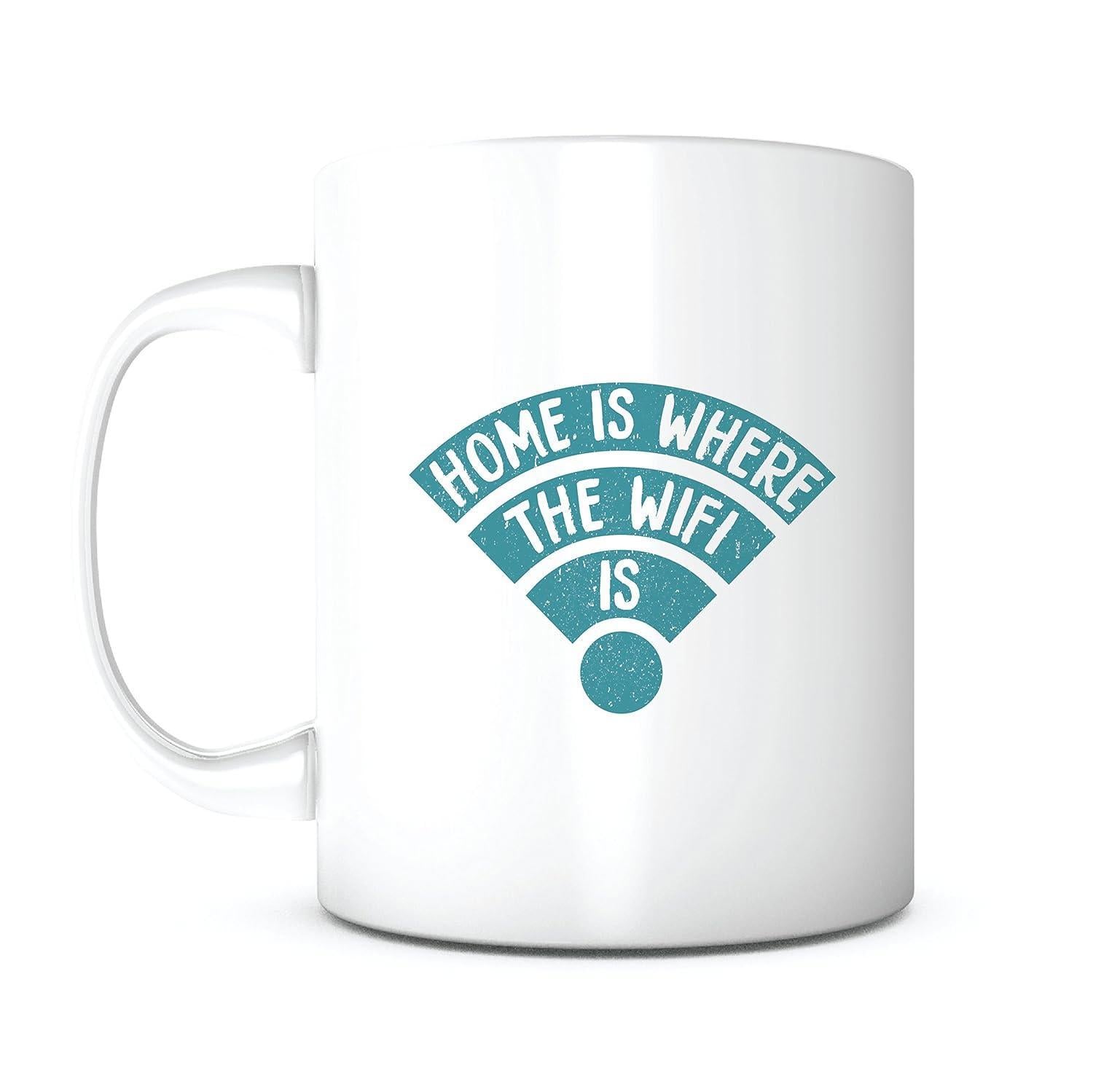 Tailorly White Ceramic 11 oz Mug - Home Is Where The Wifi Is Modern Minimalist Signal Icon With Teal Arched Text On Clean Surface Mug
