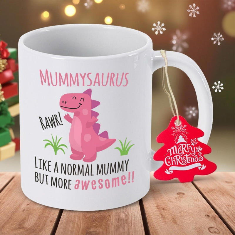 Tailorly White Ceramic 11 oz Mug - Mummysaurus Like A Normal Mummy But More Awesome Smiling Cute Pink Cartoon Dinosaur Among Small Green Grass Patches Dinosaur