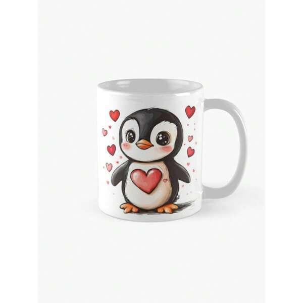 Tailorly White Ceramic 11 oz Mug - Adorable Cartoon Baby Holding Red Heart Among Tiny Floating Love Penguin