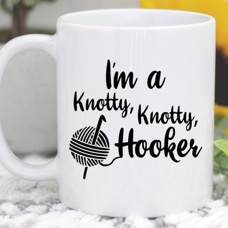 Tailorly White Ceramic 11 oz Mug - I'm a Knotty Knotty Hooker Decorative Minimalist Line Art Portraying Crafting With Small Hook And Woolen Yarn