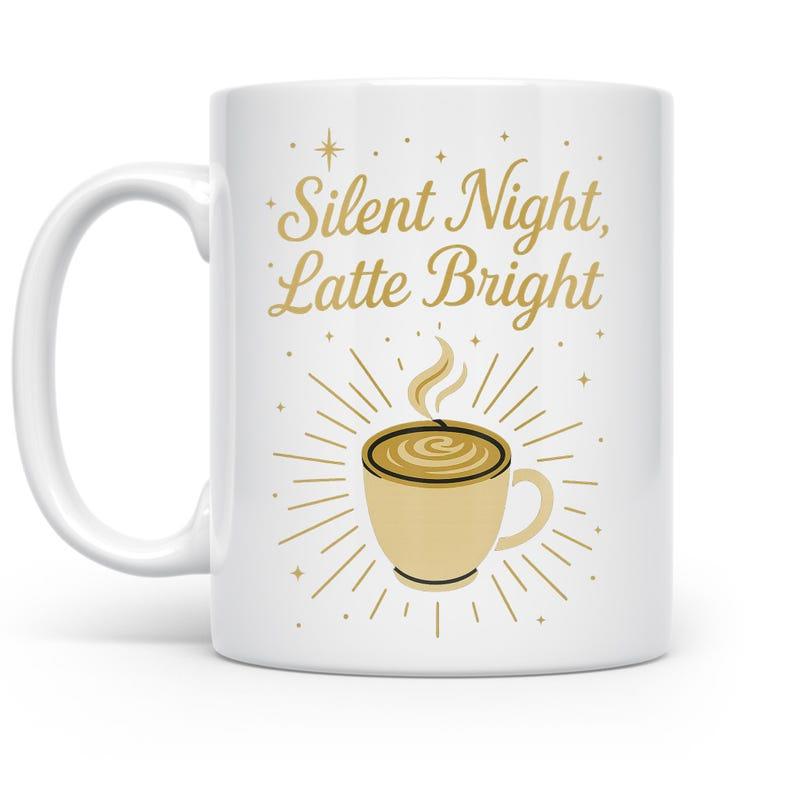 Tailorly White Ceramic 11 oz Mug - Silent Night Latte Bright Steaming Cup Surrounded By Radiant Beams And Magical Twinkling Stars Cup