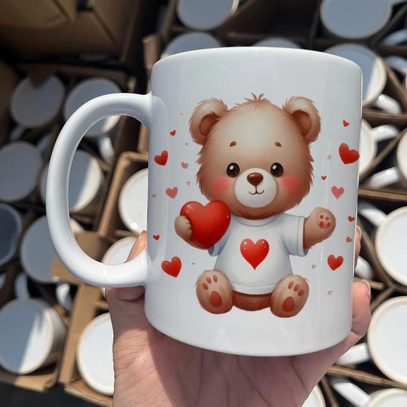 Tailorly White Ceramic 11 oz Mug - Cute Brown Plush Teddy Holding Hearts Surrounded By Small Love Hearts Bear
