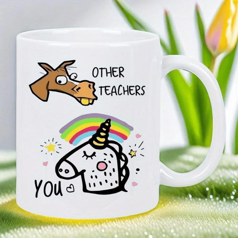 Tailorly White Ceramic 11 oz Mug - Other Teachers You Whimsical Cartoon Horse And Magic Unicorn Under Bright Colorful Rainbow Unicorn