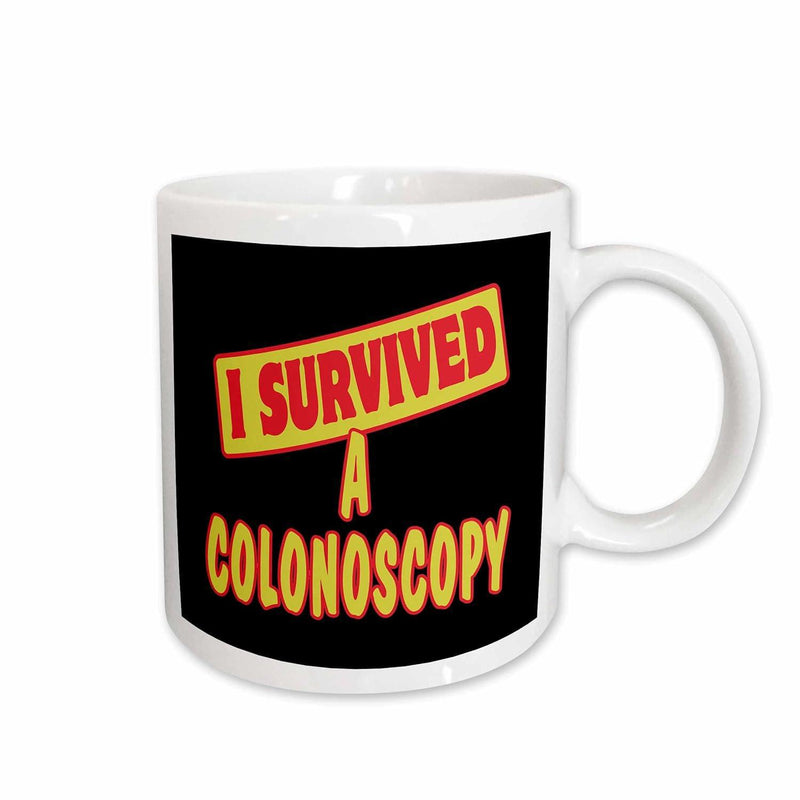 Tailorly White Ceramic 11 oz Mug - I Survived A Colonoscopy Bold Yellow Lettering Set Against A Deep Black Rectangular Background Mug