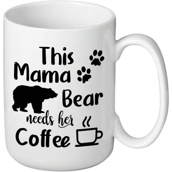 Tailorly White Ceramic 11 oz Mug - This Mama Bear Needs Her Coffee Silhouette With Walking Paw Prints Near A Steaming Hot Drink Bear