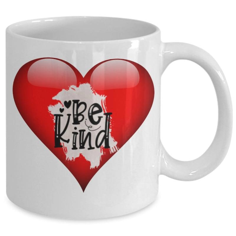 Tailorly White Ceramic 11 oz Mug - Be Kind Vibrant Glossy Red Heart Featuring White Map Silhouette With Artistic Lettering Heart
