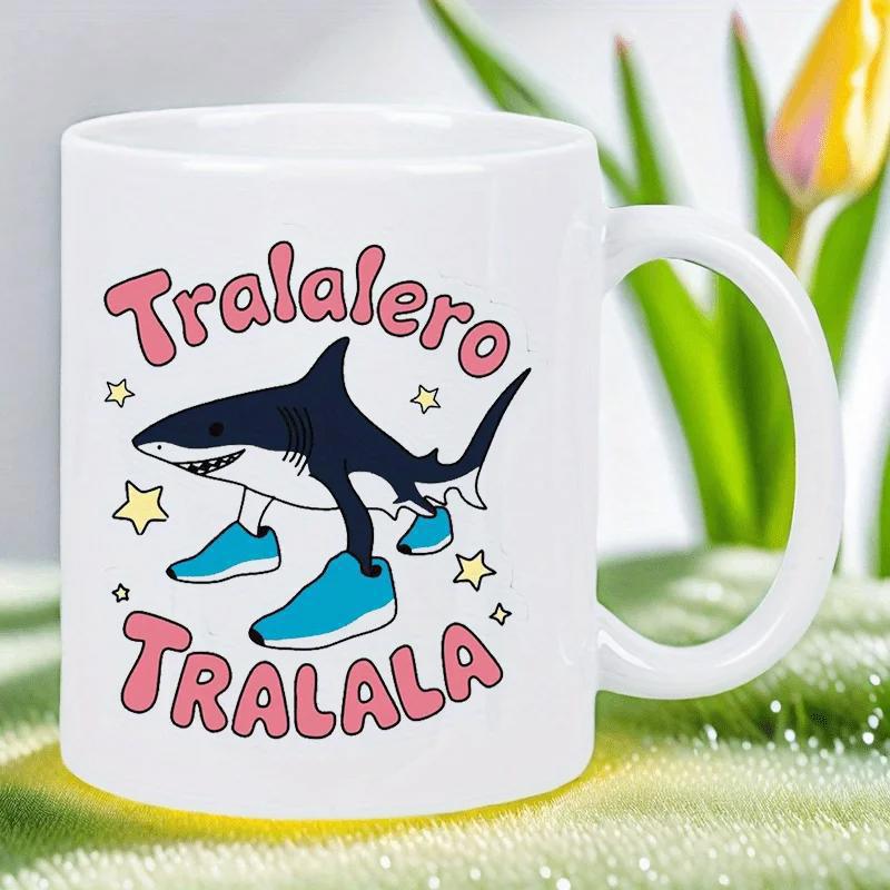 Tailorly White Ceramic 11 oz Mug - Tralalero Tralala Cartoon Walking Shark Wearing Blue Sneakers Among Bright Golden Twinkling Stars Shark
