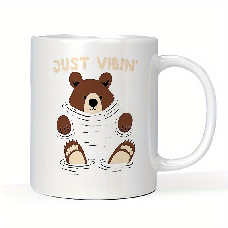 Tailorly White Ceramic 11 oz Mug - Just Vibin Adorable Cartoon Brown Bear Relaxing In Rippling Water With Paws Visible Bear