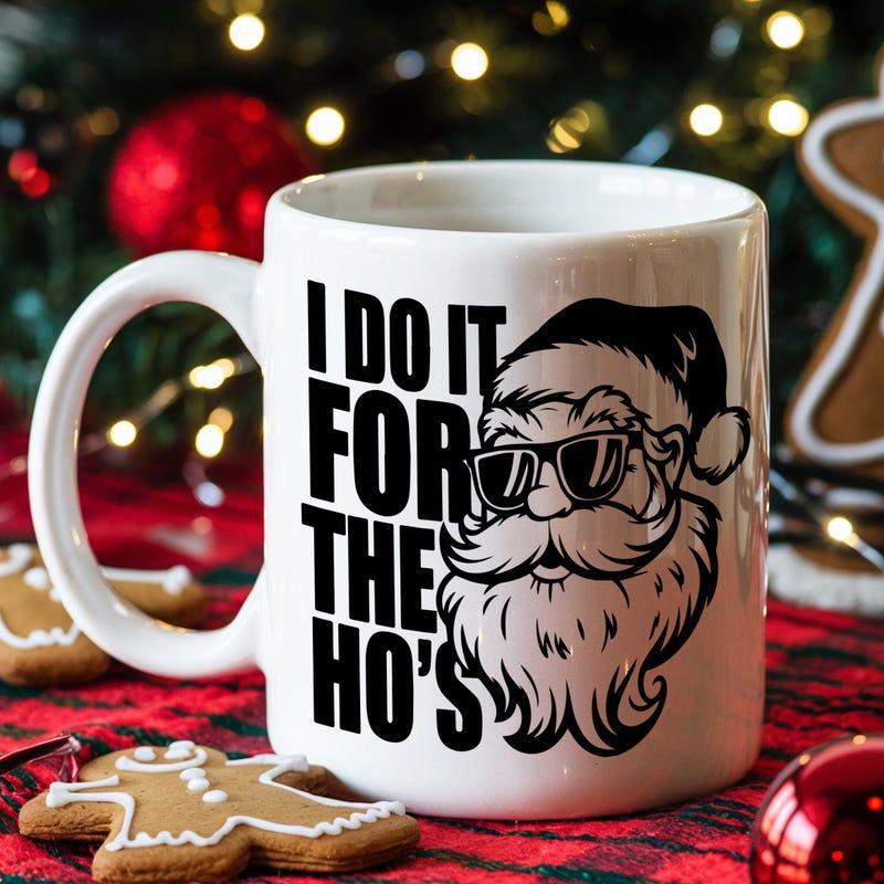 Tailorly White Ceramic 11 oz Mug - I Do It For The Hos Bearded Festive Character Wearing Cool Sunglasses Among Christmas Holiday Decorations Santa