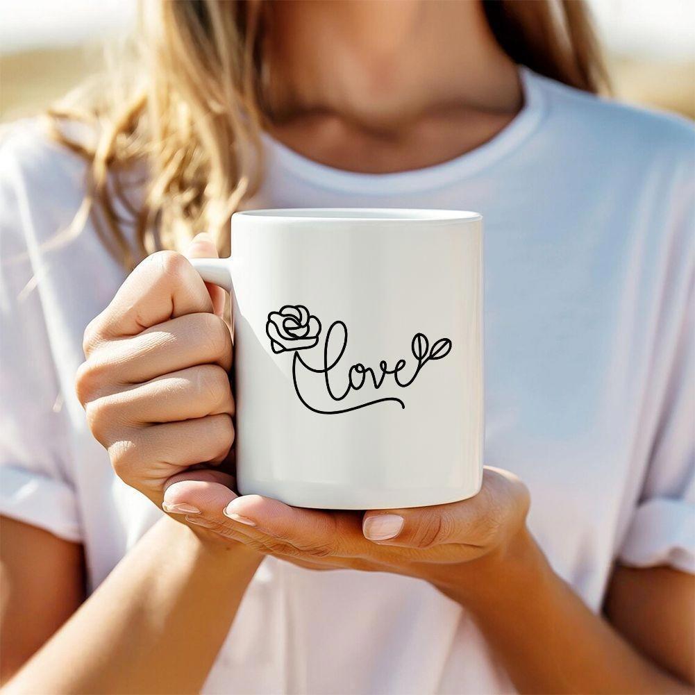 Tailorly White Ceramic 11 oz Mug - Love Elegant Minimalist Line Art Featuring Delicate Swirls And Tiny Floating Hearts Flower