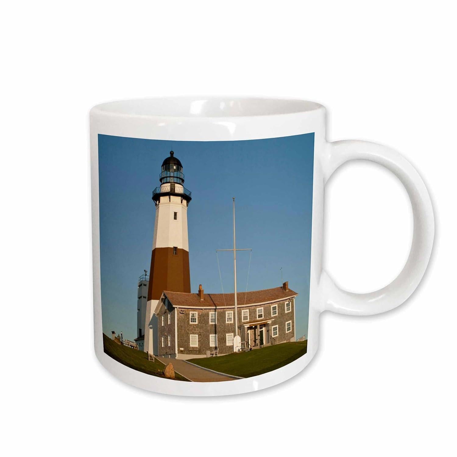 Tailorly White Ceramic 11 oz Mug - Majestic Coastal Tower Beside A Rustic House Under Blue Summer Sky Lighthouse