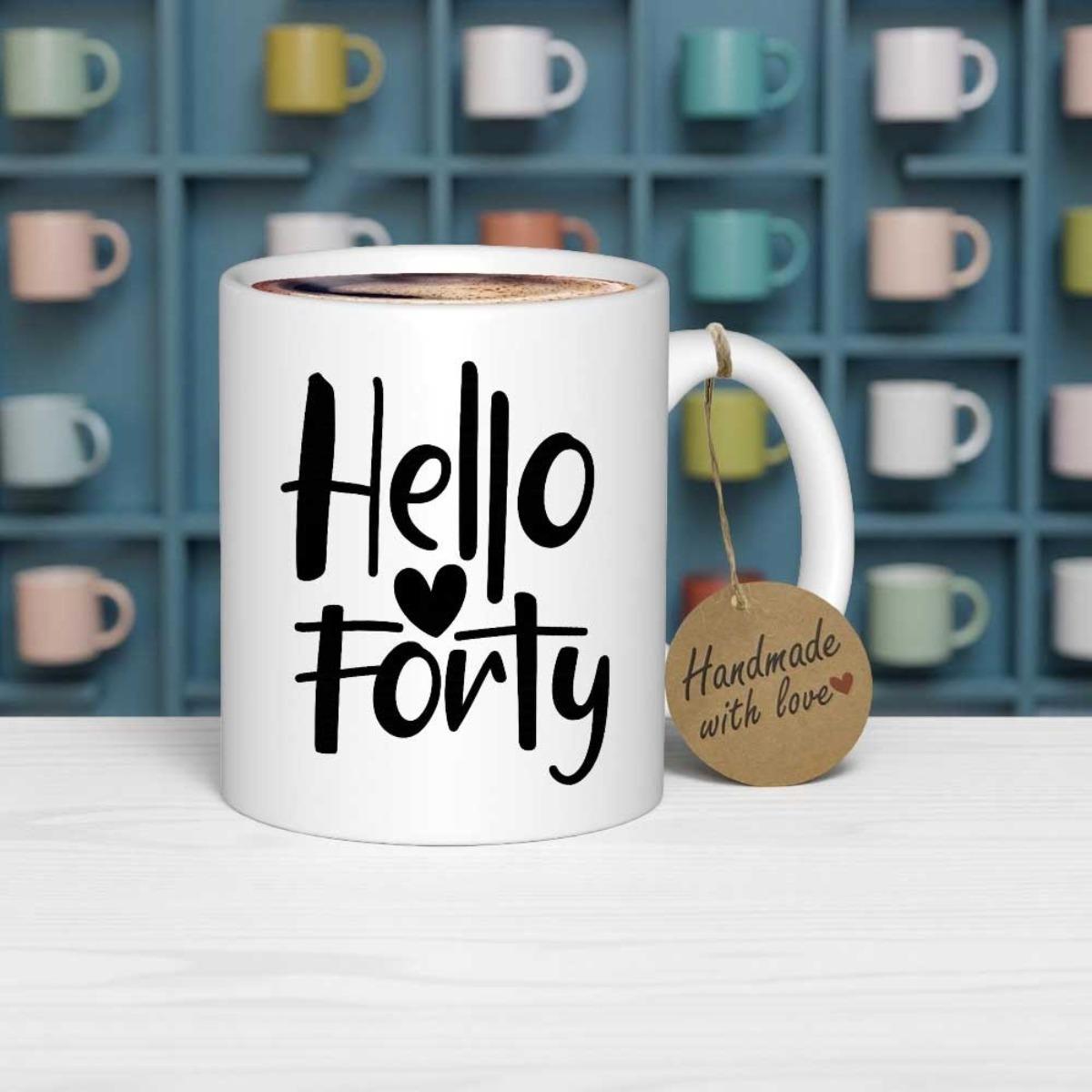 Tailorly White Ceramic 11 oz Mug - Hello Forty Minimalist White Ceramic With Bold Script Text Featuring A Tiny Heart Mug