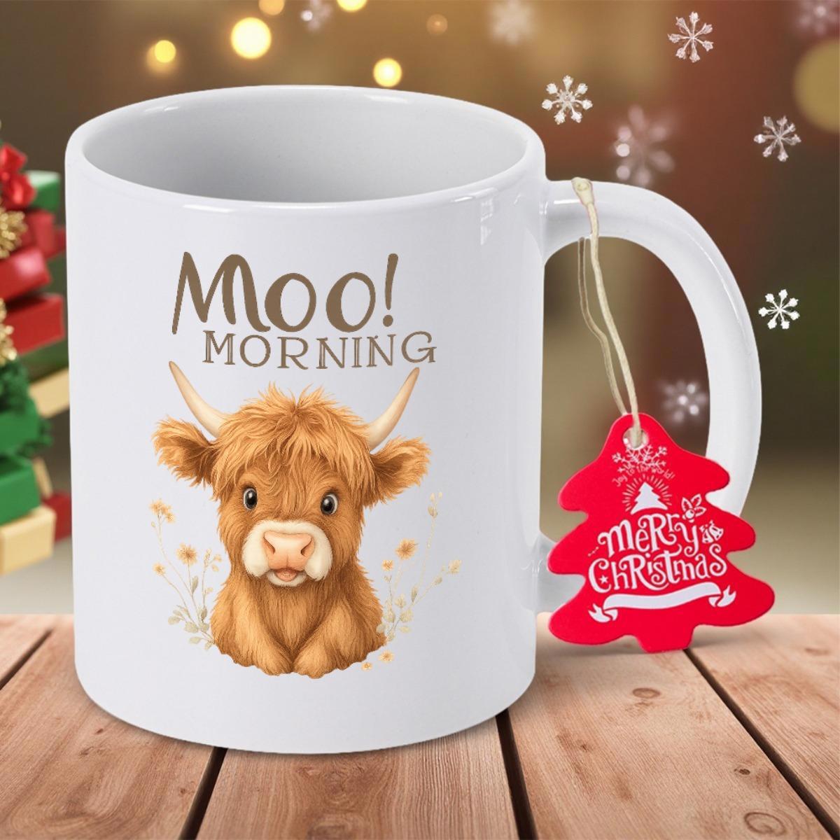 Tailorly White Ceramic 11 oz Mug - Moo Morning Adorable Shaggy Brown Highland Cattle Sitting Peacefully Among Small Golden Leaves Cow