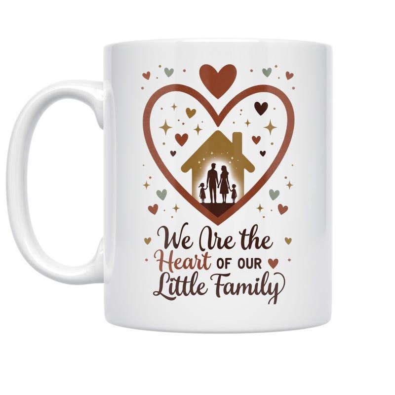 Tailorly White Ceramic 11 oz Mug - We Are The Heart Of Our Little Family Silhouetted Family Inside A House Surrounded By Numerous Small Hearts Heart