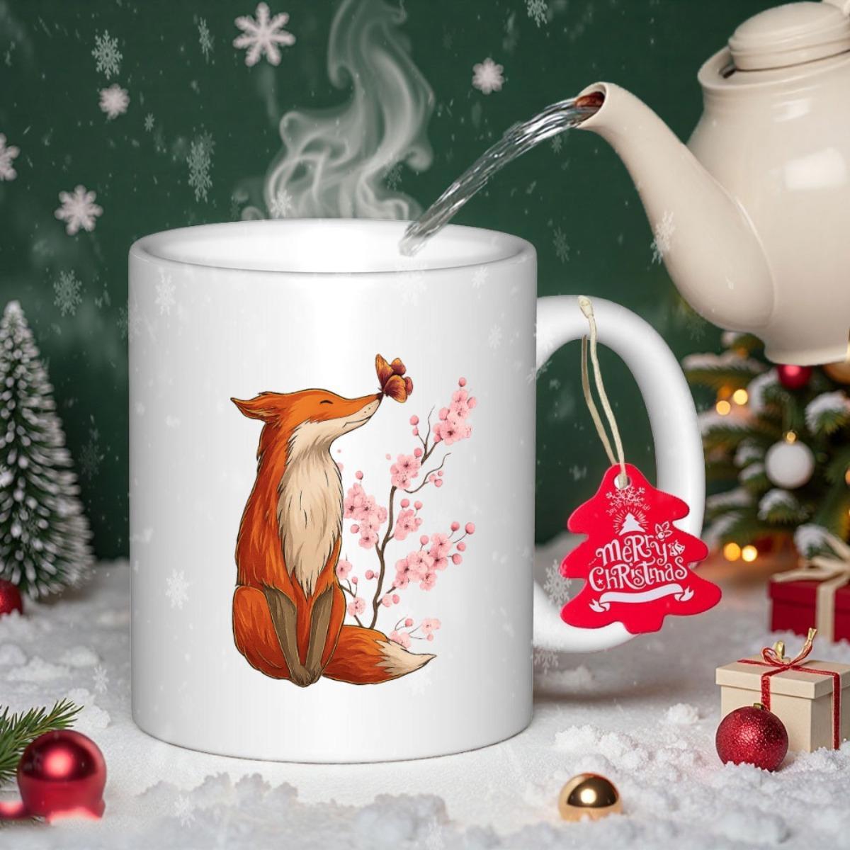 Tailorly White Ceramic 11 oz Mug - Merry Christmas Charming Orange Fox Sitting Near Pink Blossoms With Butterfly On Nose Fox