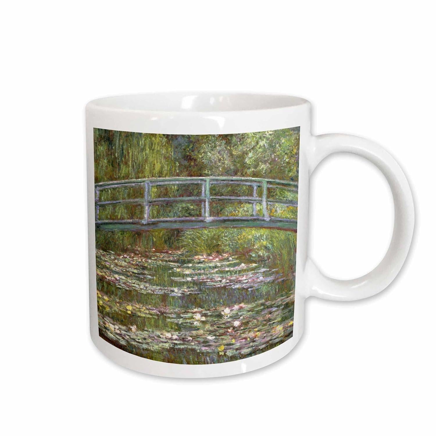 Tailorly White Ceramic 11 oz Mug - Impressionist Painting Of Green Garden With Water Lilies And Japanese Wooden Bridge