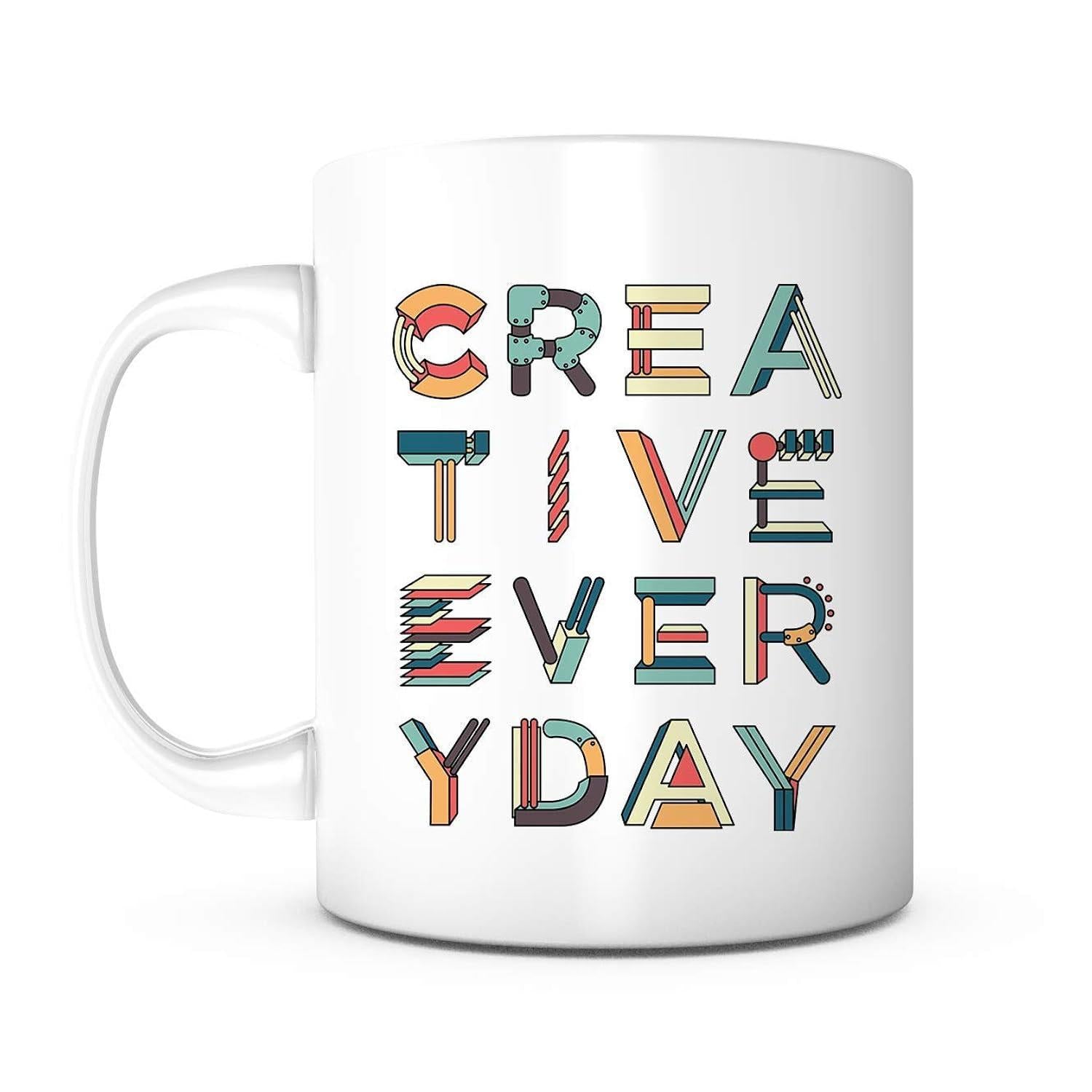 Tailorly White Ceramic 11 oz Mug - Creative Everyday Colorful Geometric Retro Style Elements Within Artistic Vintage Block Typography Lettering