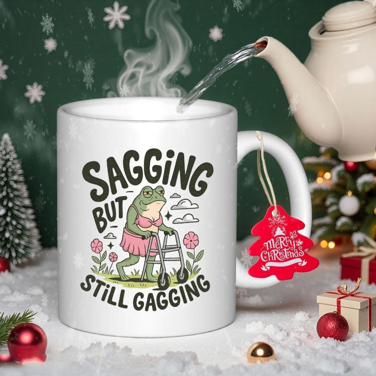 Tailorly White Ceramic 11 oz Mug - Sagging But Still Gagging Humorous Elderly Frog Dressed In Pink Attire Leaning On A Walker Frog
