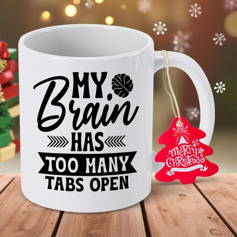 Tailorly White Ceramic 11 oz Mug - My Brain Has Too Many Tabs Open Minimalist Black Brain Icon Among Decorative Arrow Patterns Mug