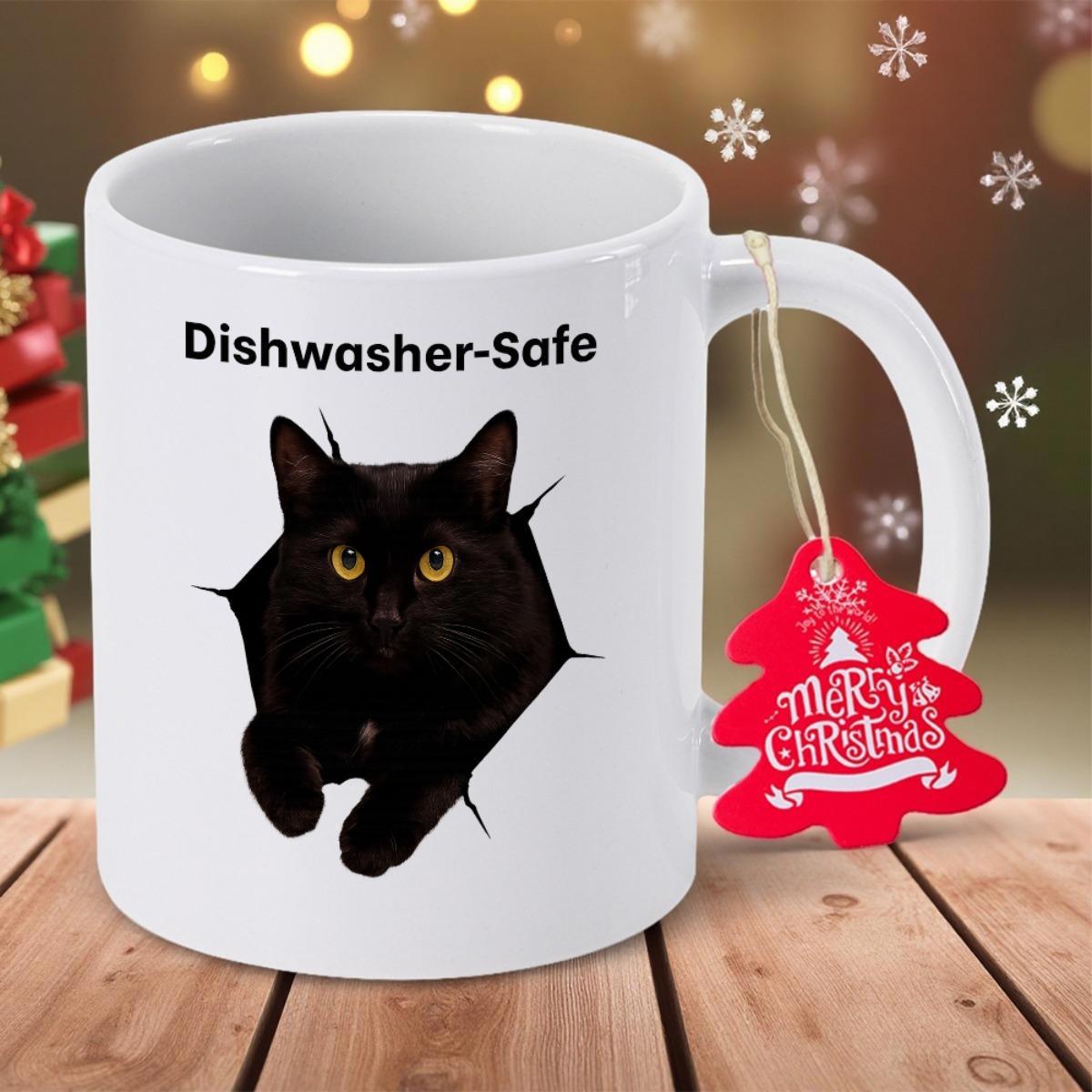 Tailorly White Ceramic 11 oz Mug - Dishwasher Safe Merry Christmas Playful Feline Peeking Through A Torn Hole Effect With Golden Eyes Cat