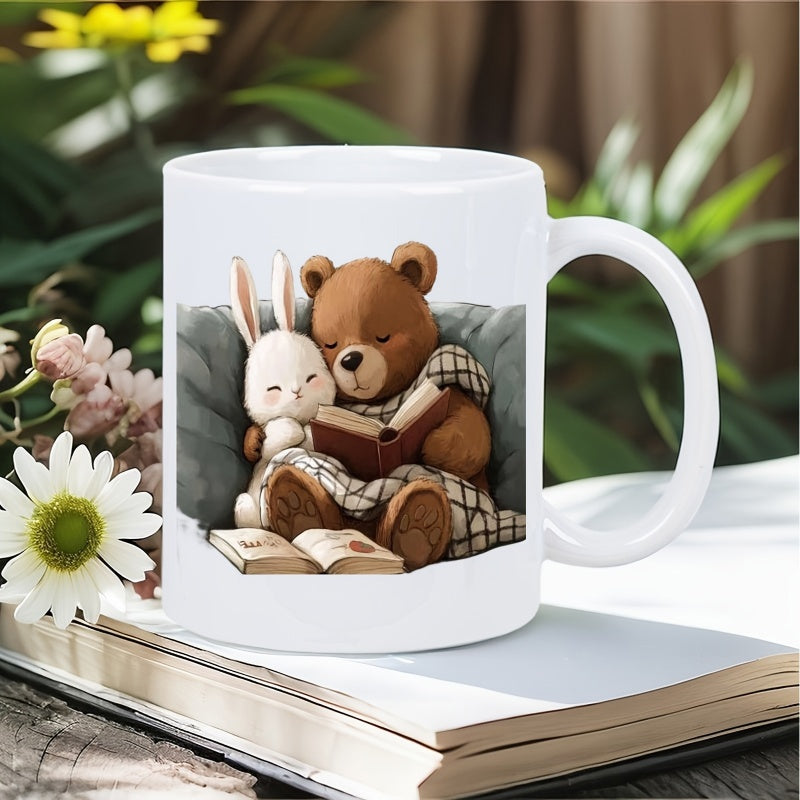 Tailorly White Ceramic 11 oz Mug - Cozy Brown Teddy Bear And White Rabbit Reading Under Plaid Blanket Bear