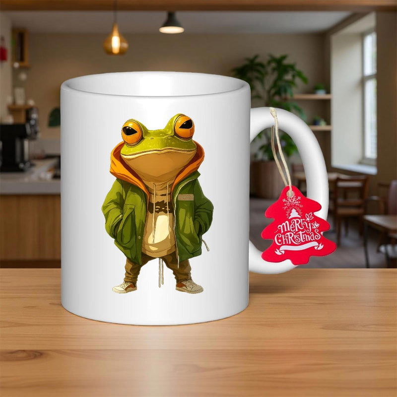 Tailorly White Ceramic 11 oz Mug - Merry Christmas Trendy Urban Style Character Wearing A Green Hoodie Frog