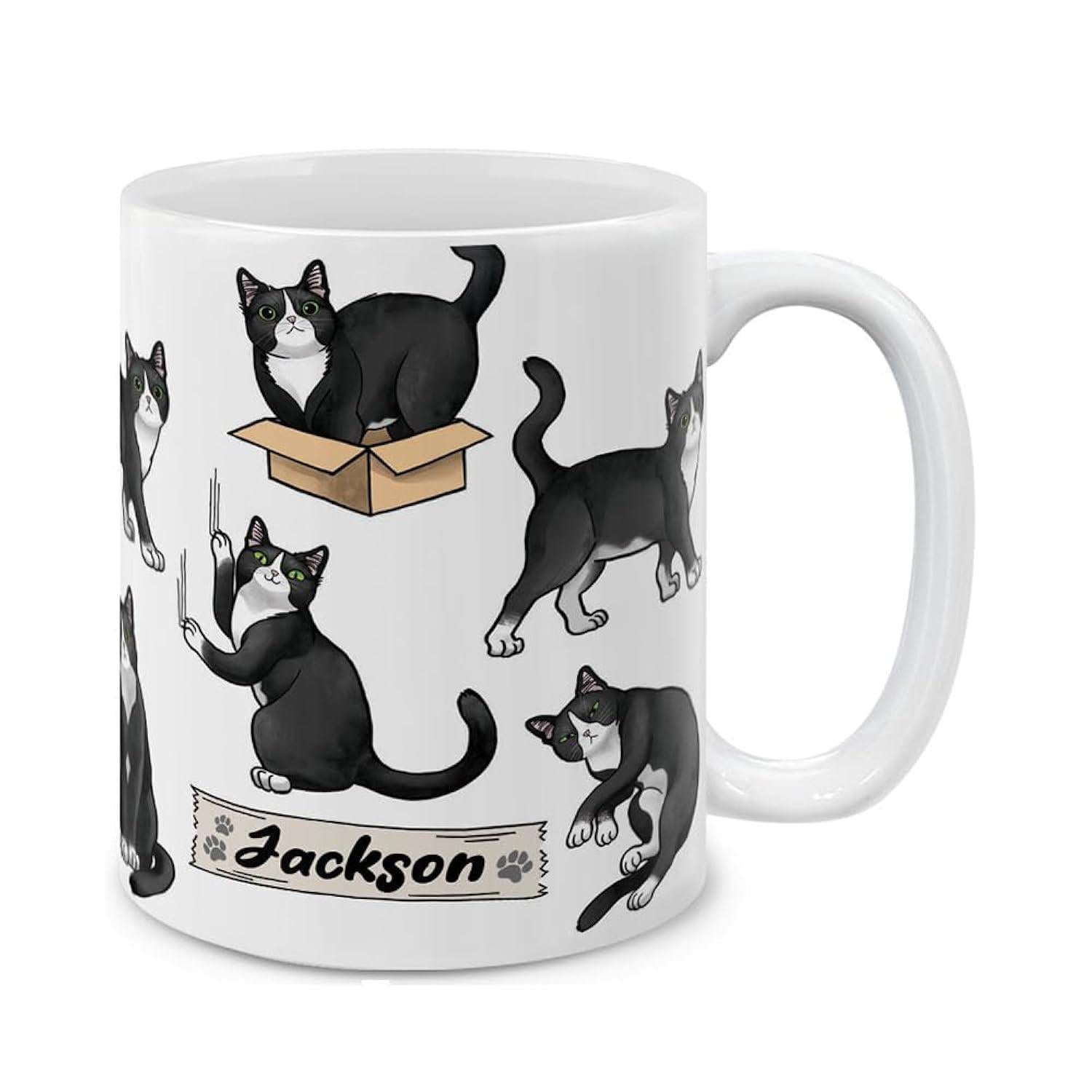 Tailorly White Ceramic 11 oz Mug - Jackson Multiple Tuxedo Cats In Dynamic Poses Playing Near A Cardboard Cat