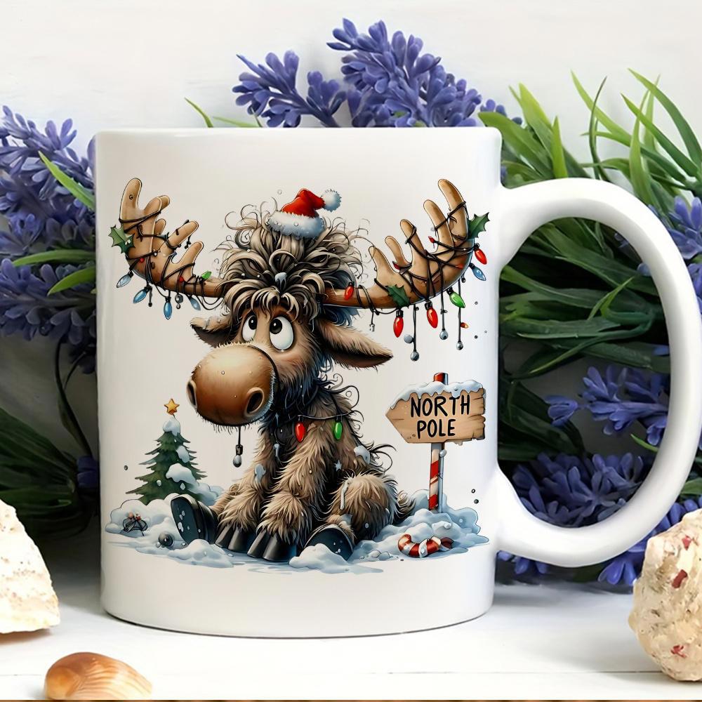 Tailorly White Ceramic 11 oz Mug - North Pole Festive Shaggy Animal Wearing Santa Hat And Colorful String Lights Moose