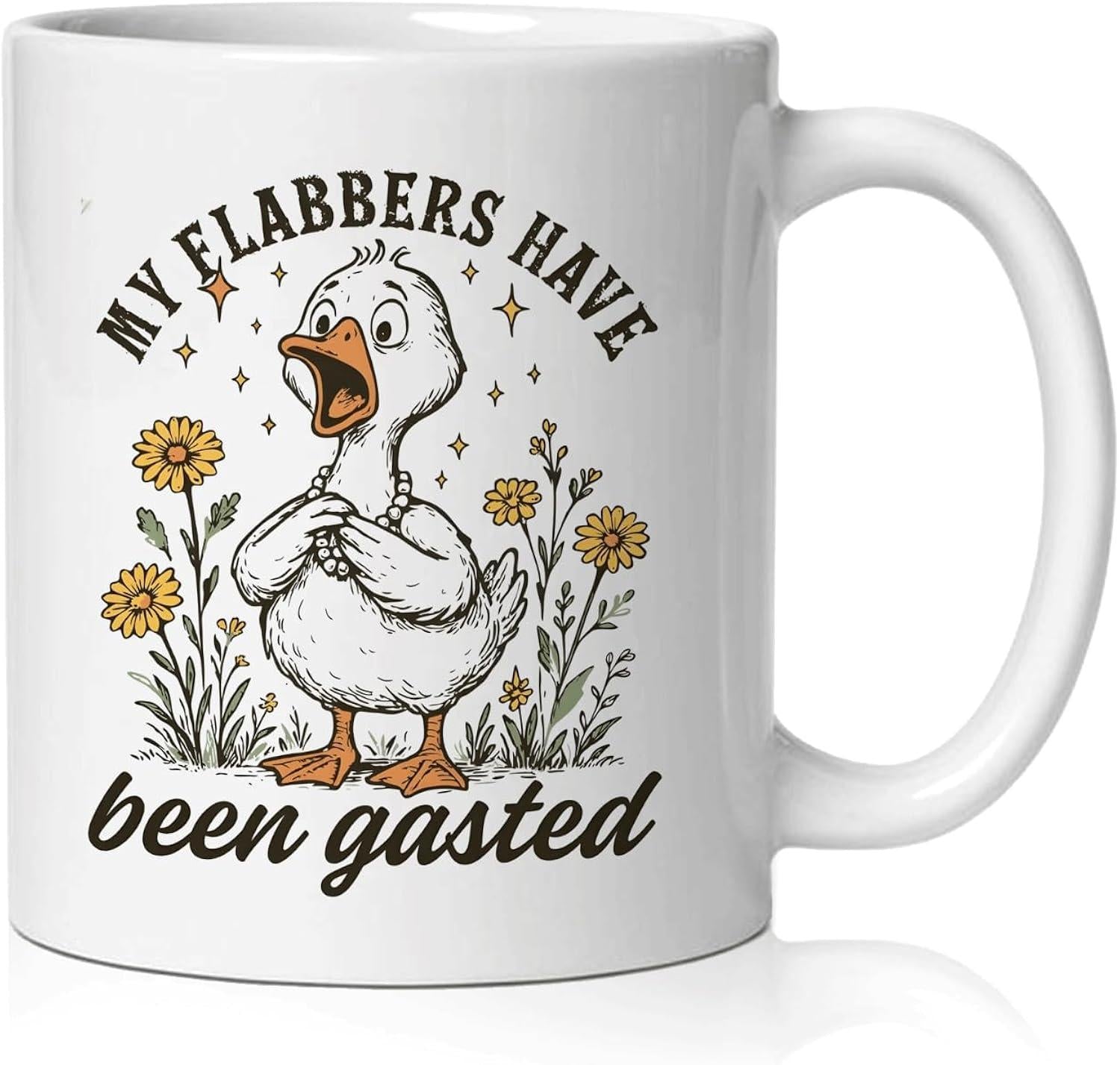Tailorly White Ceramic 11 oz Mug - My Flabbers Have Been Gasted Surprised White Cartoon Goose Standing Among Yellow Wildflowers And Twinkling Stars Goose