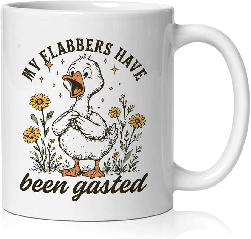 Tailorly White Ceramic 11 oz Mug - My Flabbers Have Been Gasted Surprised White Cartoon Goose Standing Among Yellow Wildflowers And Twinkling Stars Goose
