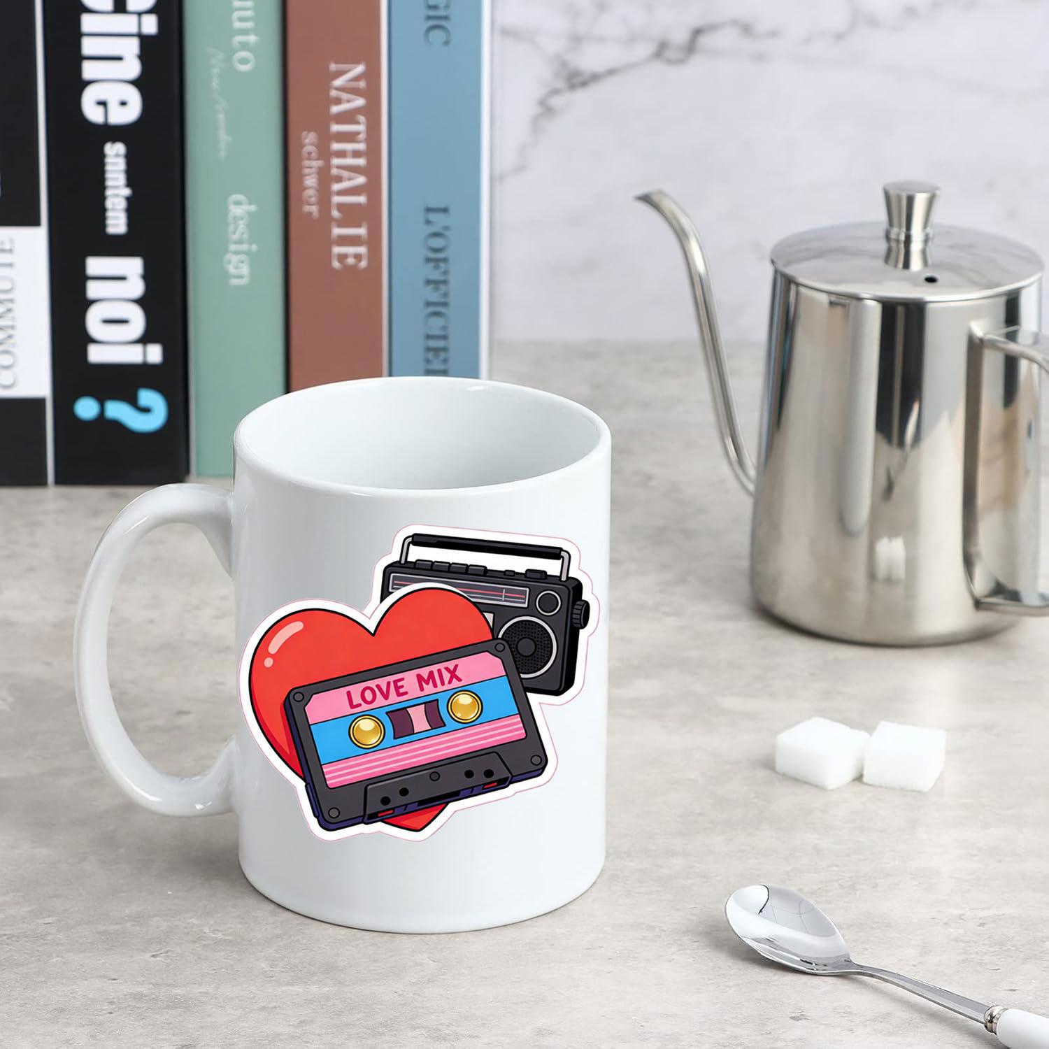 Tailorly White Ceramic 11 oz Mug - Love Mix Vintage Music Style With Retro Boombox Behind A Bright Heart Cassette