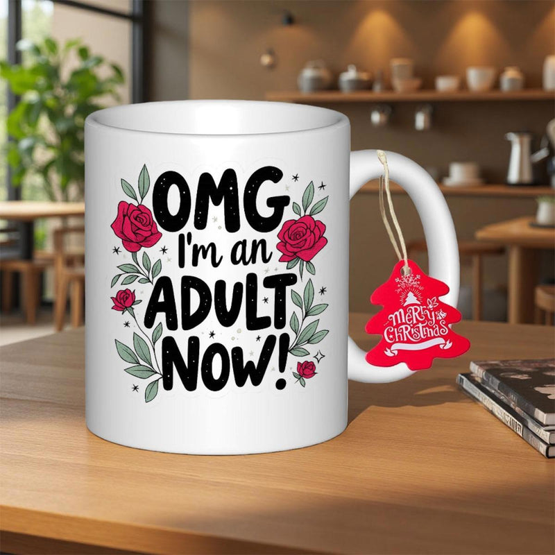 Tailorly White Ceramic 11 oz Mug - Omg Im An Adult Now Beautiful Red Roses Surrounded By Elegant Green Leaves Floral Pattern Mug