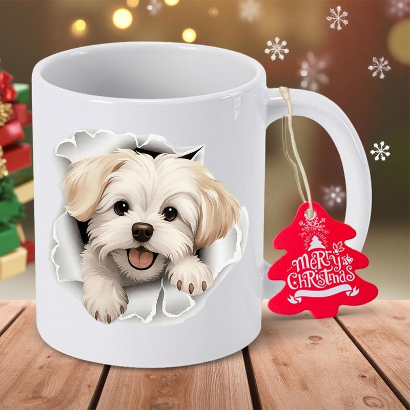 Tailorly White Ceramic 11 oz Mug - Merry Christmas Adorable White Puppy Peeking Through A Realistic Torn Hole Dog