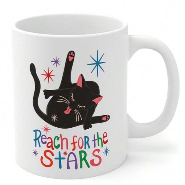 Tailorly White Ceramic 11 oz Mug - Reach For The Stars Playful Black Cat Stretching Among Colorful Bright Sparkling Twinkling Little Stars Cat