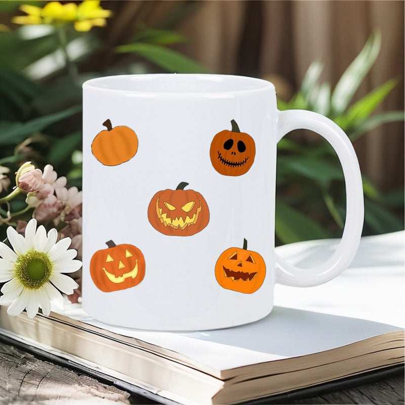 Tailorly White Ceramic 11 oz Mug - Spooky Carved Faces On Orange Festive Holiday Themed Autumn Harvest Pumpkin