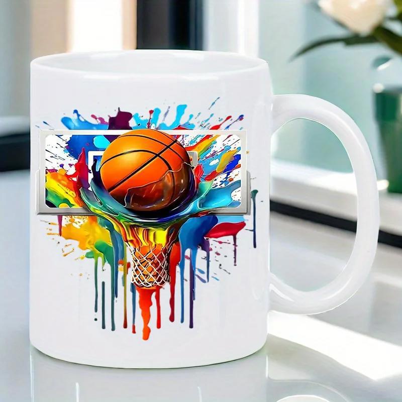 Tailorly White Ceramic 11 oz Mug - Vibrant Colorful Paint Splatter Design Featuring A Dynamic Flying Sports Basketball