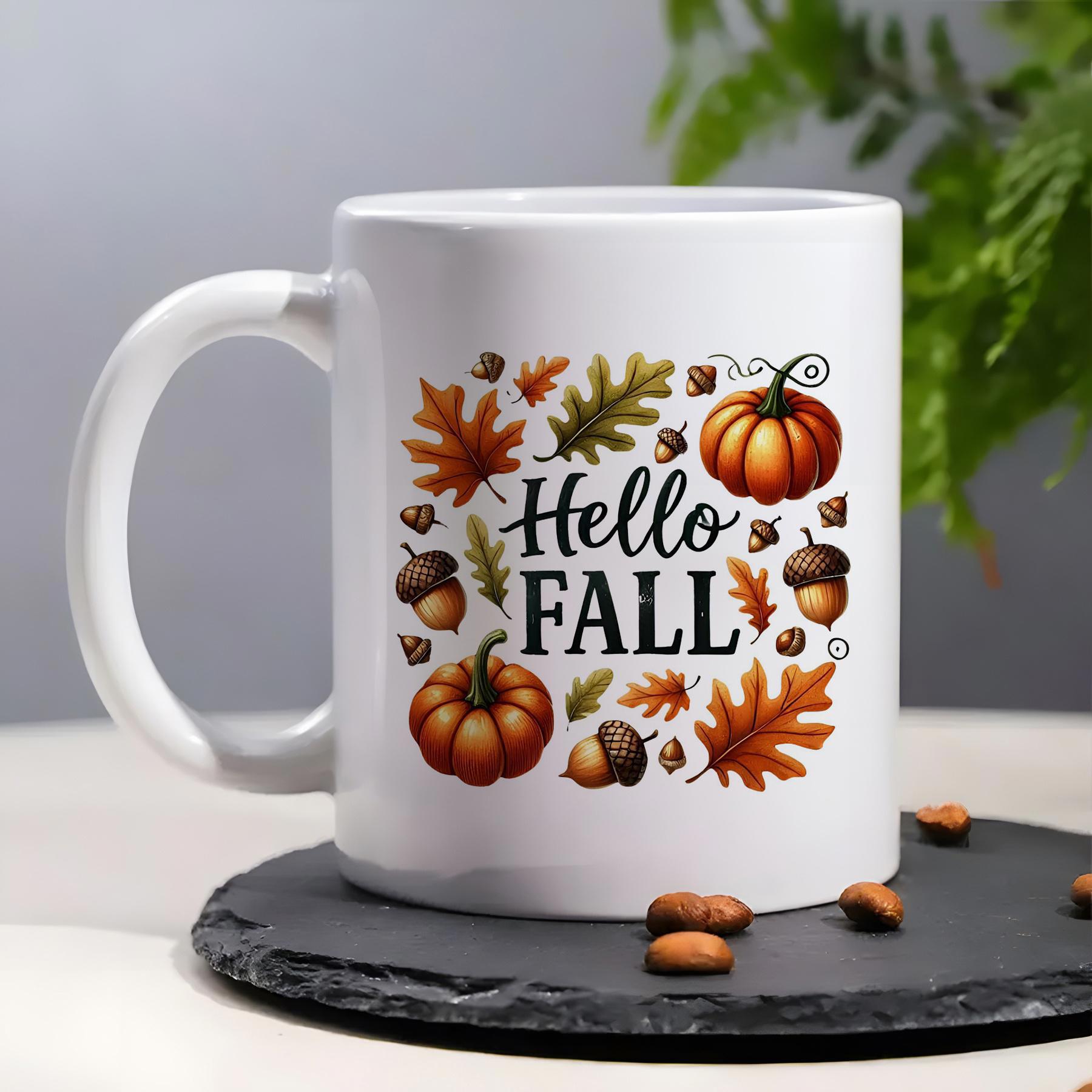Tailorly White Ceramic 11 oz Mug - Hello Fall Vibrant Orange Pumpkins And Autumn Leaves Scattering Among Small Acorns Pumpkin