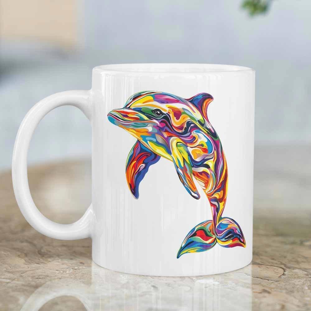 Tailorly White Ceramic 11 oz Mug - Vibrant Abstract Rainbow Swirls Flowing Gracefully Within A Majestic Marine Dolphin