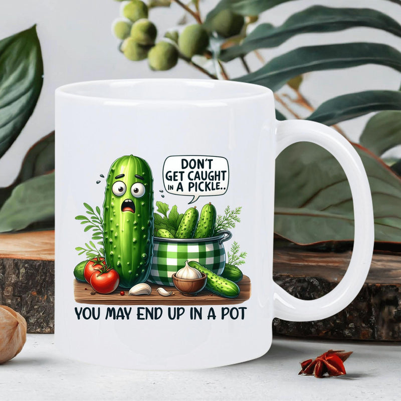 Tailorly White Ceramic 11 oz Mug - Dont Get Caught In A Pickle You May End Up In A Pot Funny Surprised Green Vegetable Standing Beside A Checkered Brine Pot Pickle