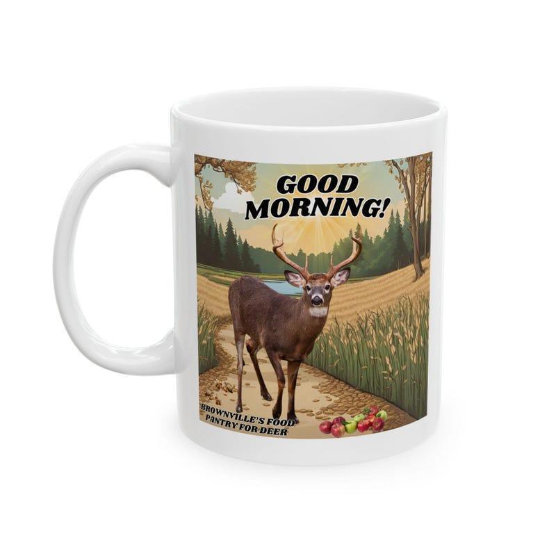 Tailorly White Ceramic 11 oz Mug - Good Morning Stately Buck Standing In A Lush Forest Pathway At Dawn Deer