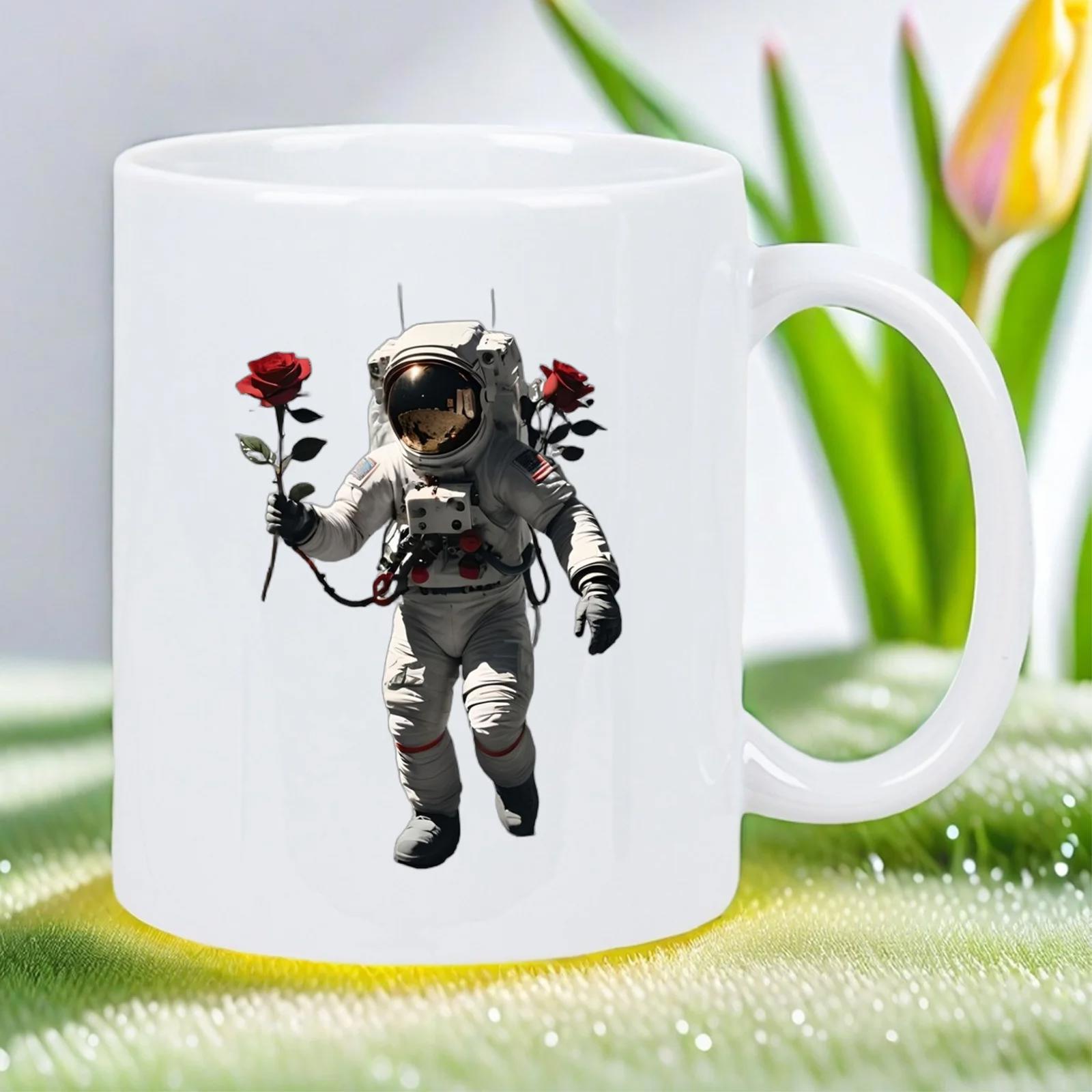 Tailorly White Ceramic 11 oz Mug - Detailed Space Suit Holding Vibrant Red Roses Floating In Stillness Astronaut