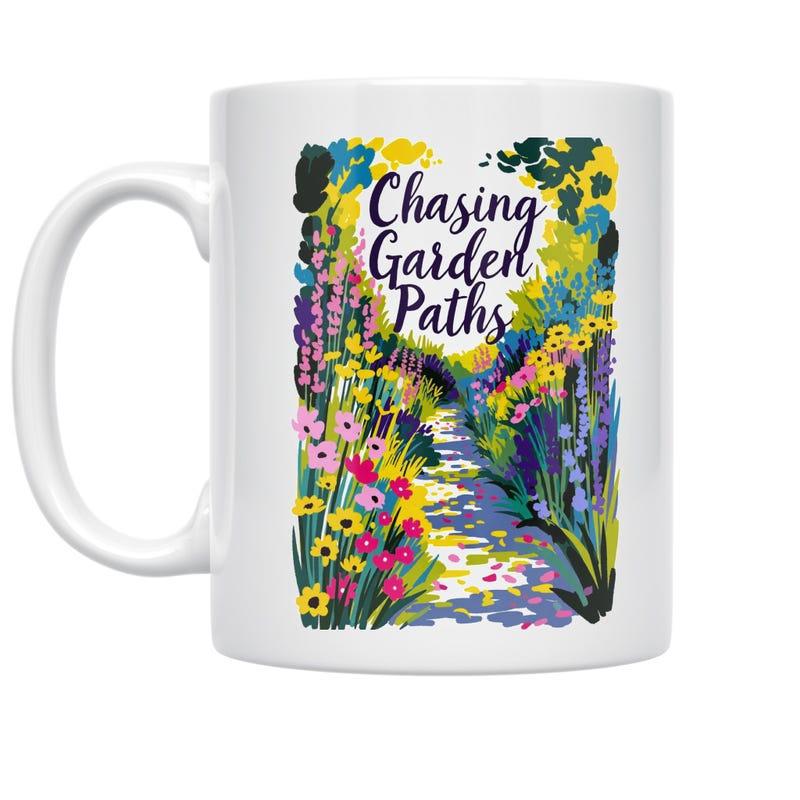 Tailorly White Ceramic 11 oz Mug - Chasing Garden Paths Colorful Blooming Flowers With Sunlight Dappled Along A Peaceful Stone Path Garden