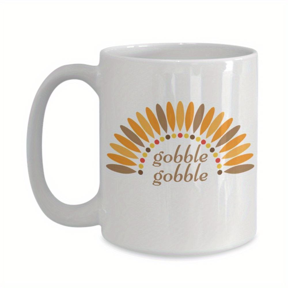 Tailorly White Ceramic 11 oz Mug - Gobble Gobble Colorful Stylized Autumn Feathers Arranged In A Decorative Symmetrical Fan Turkey