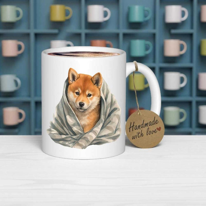 Tailorly White Ceramic 11 oz Mug - Handmade With Love Adorable Shiba Inu Wrapped In A Cozy Grey Striped Blanket Dog