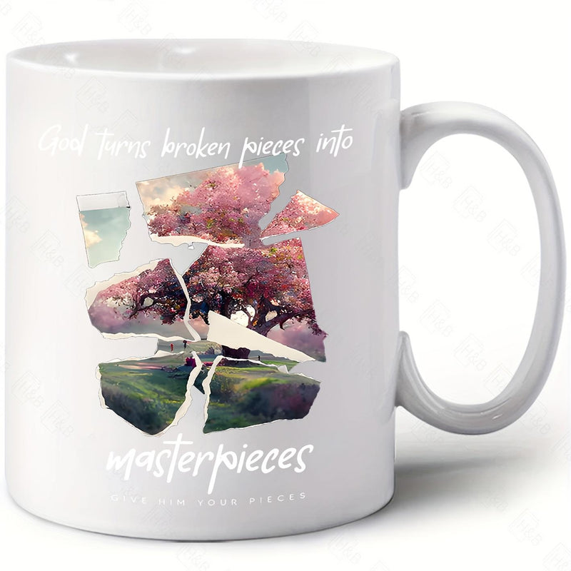 Tailorly White Ceramic 11 oz Mug - God Turns Broken Pieces Into Masterpieces Shattered Shards Showing Pink Blooming Cherry Blossom Tree Amidst Green Fields Tree